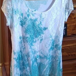 Lace Overlay Scoop-Neck Top in Teal and White